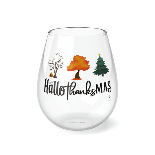 Happy HalloThanksMas Stemless Wine Glass, 11.75oz