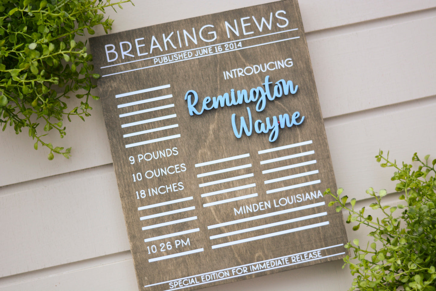 Wood Newspaper Birth Announcement Keepsake