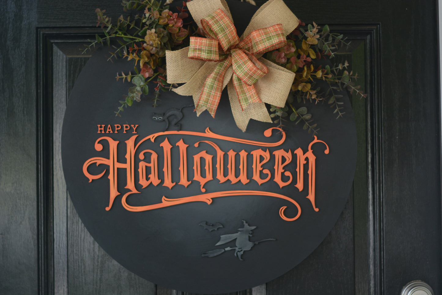 Large Halloween Door Hanger Wreath | Black | Orange | Witch | Cat