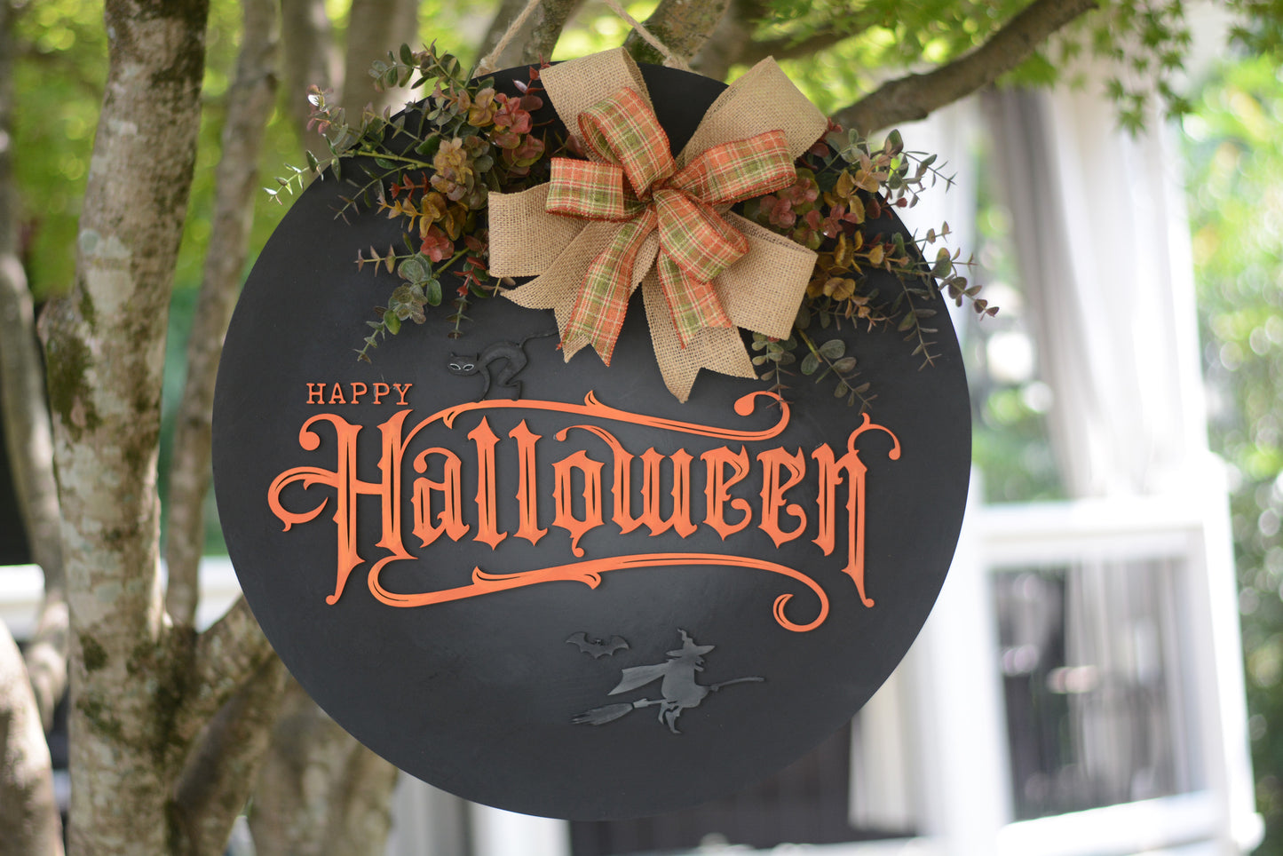 Large Halloween Door Hanger Wreath | Black | Orange | Witch | Cat