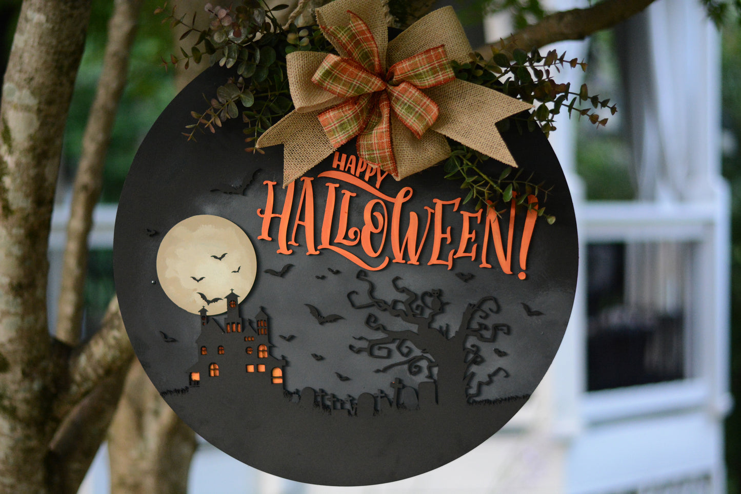 Halloween Door Hanger Wreath | Black | Orange | Haunted House