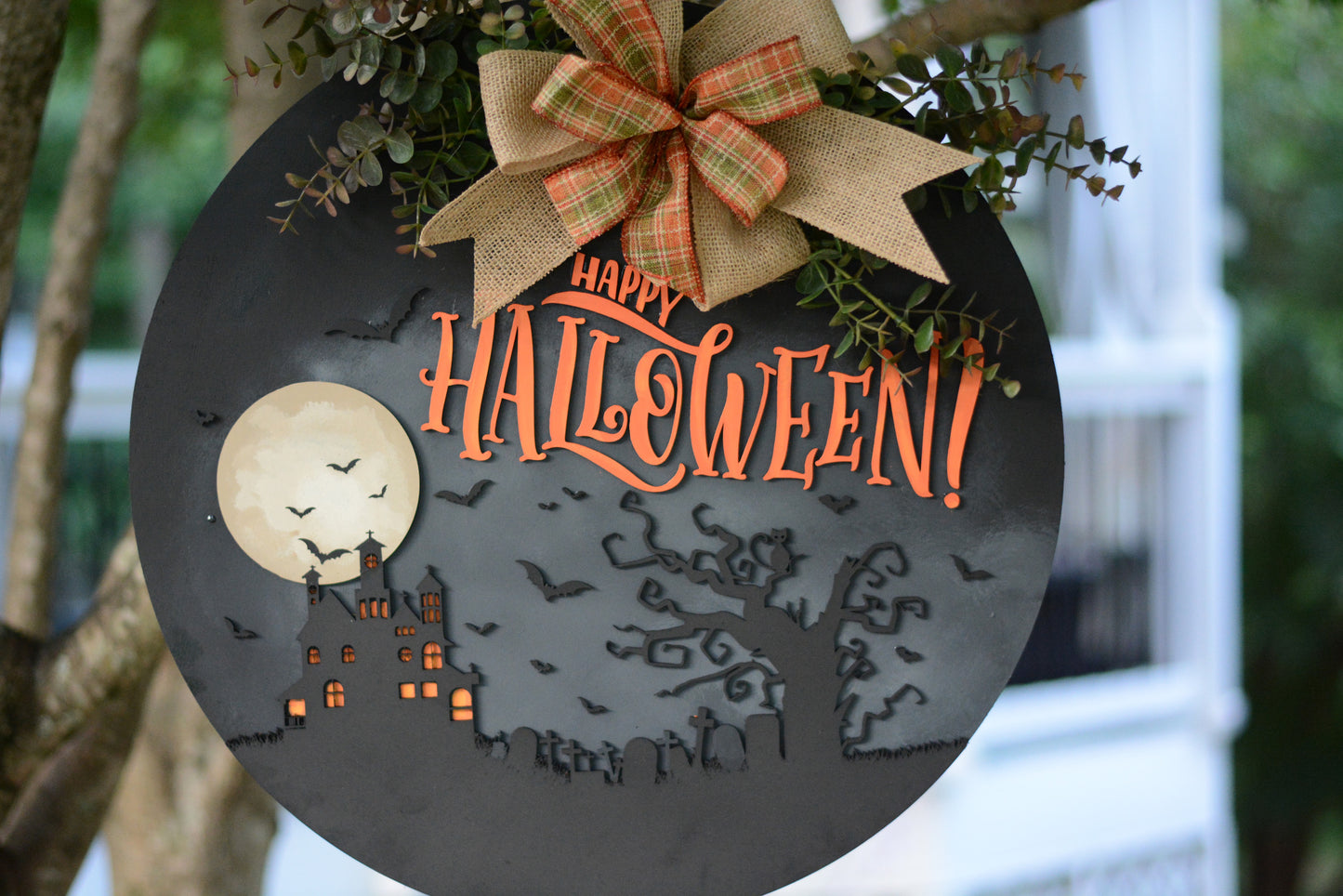 Halloween Door Hanger Wreath | Black | Orange | Haunted House