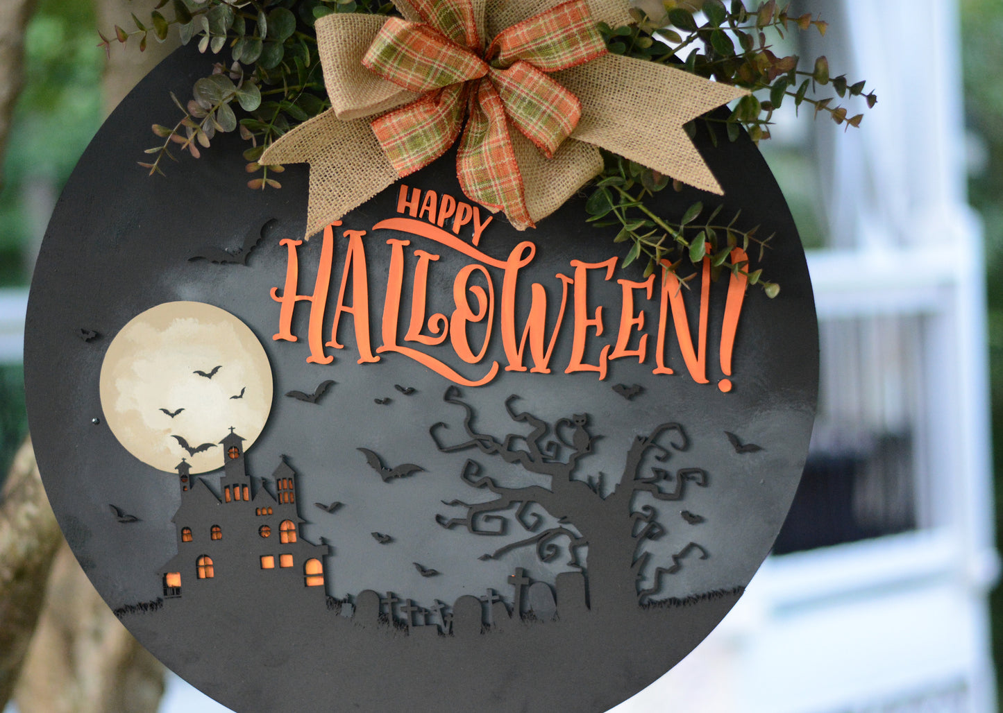 Halloween Door Hanger Wreath | Black | Orange | Haunted House