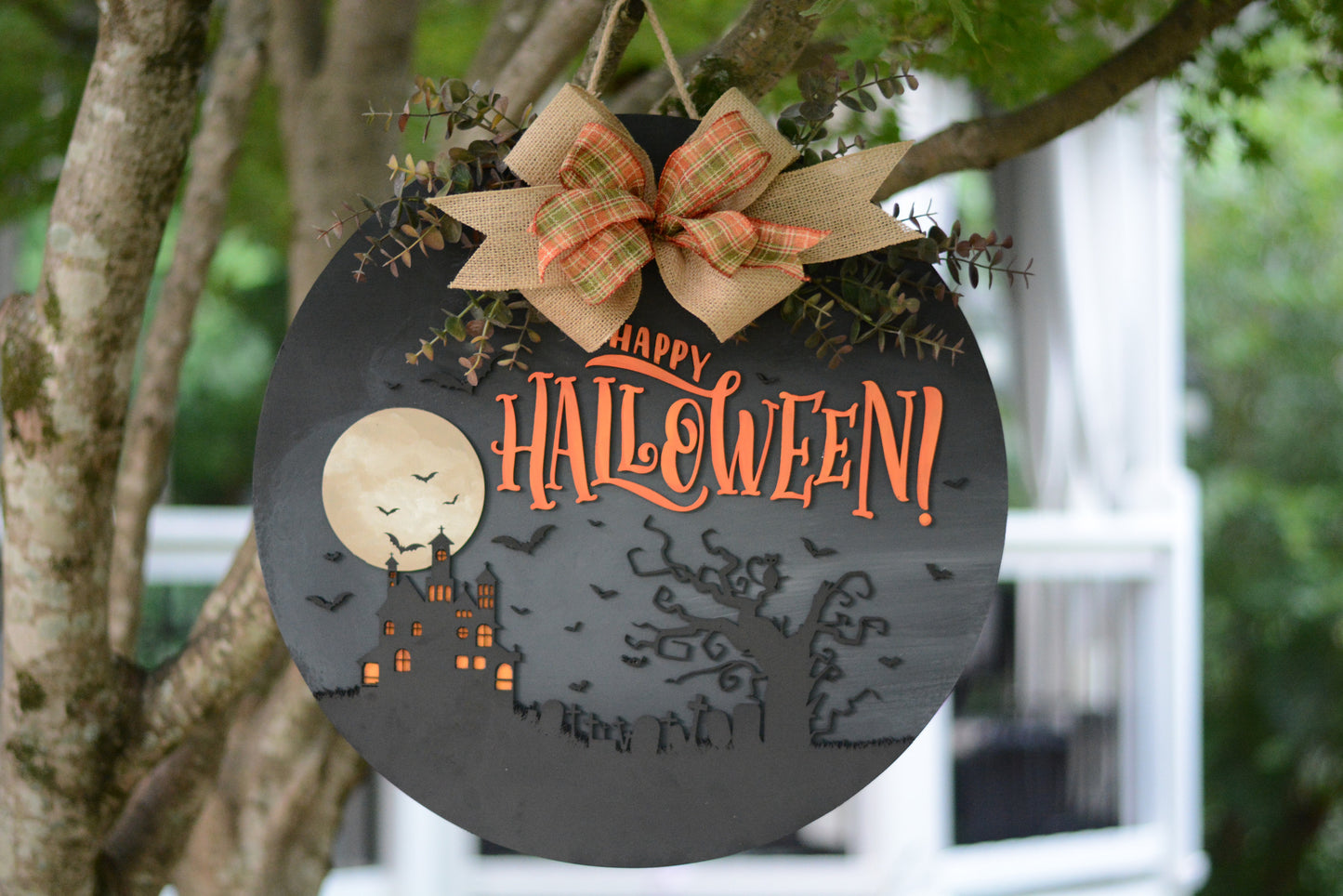 Halloween Door Hanger Wreath | Black | Orange | Haunted House