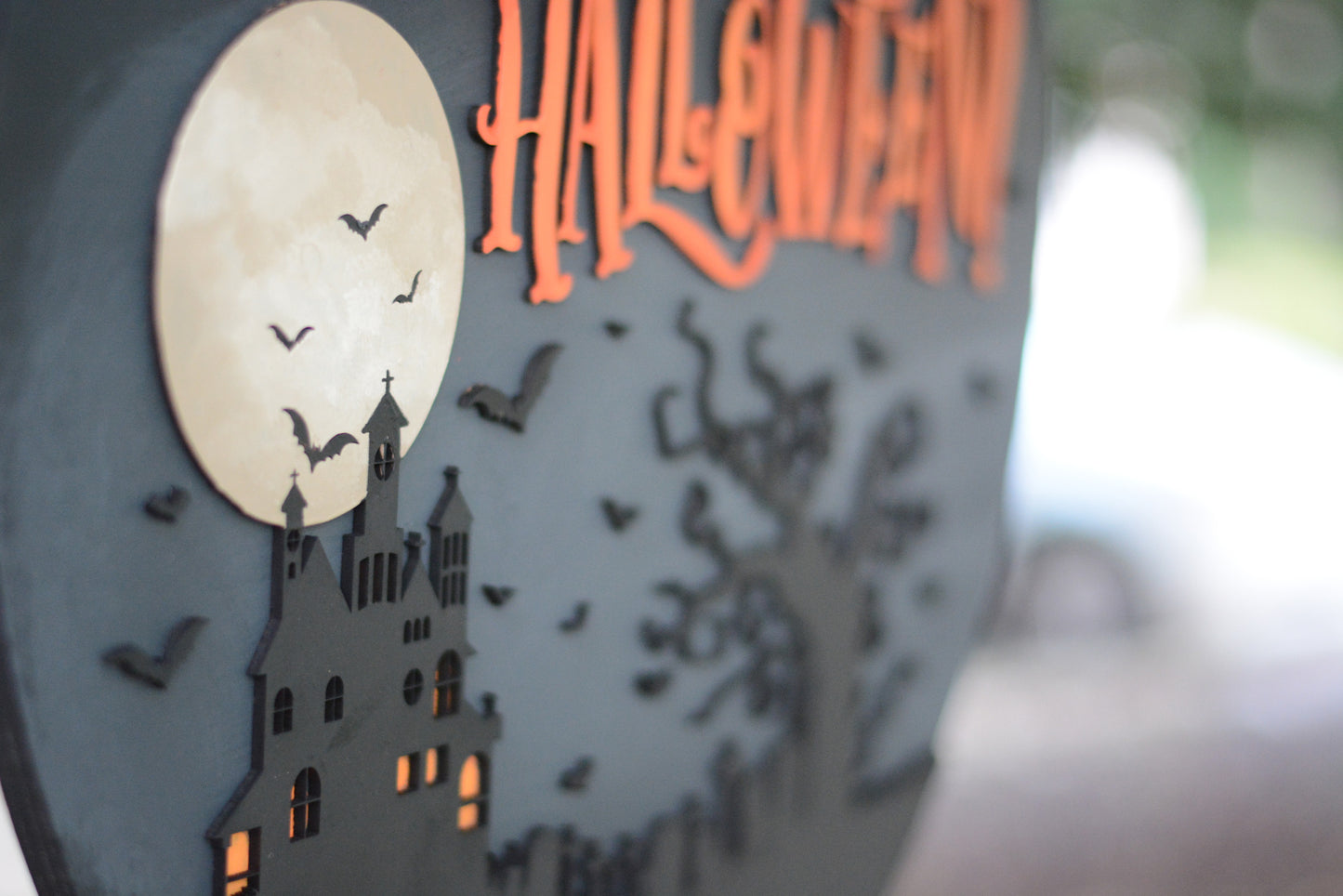 Halloween Door Hanger Wreath | Black | Orange | Haunted House