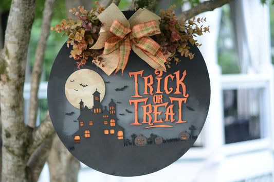 Halloween Door Hanger Wreath | Black | Orange | Haunted House | Jack O Lanterns