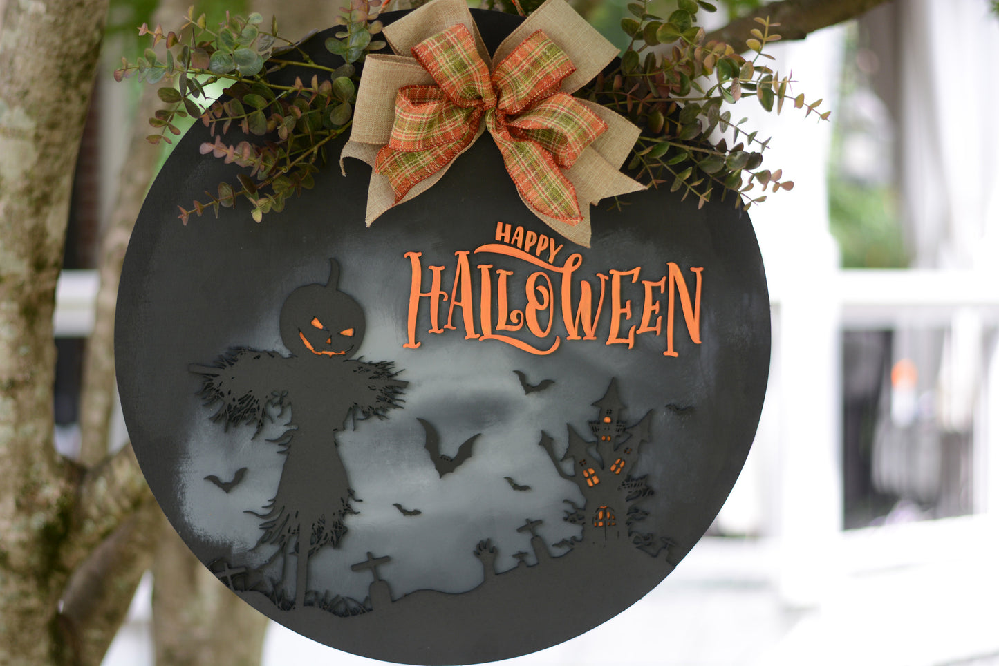 Halloween Door Hanger Wreath | Black | Orange | Scarecrow