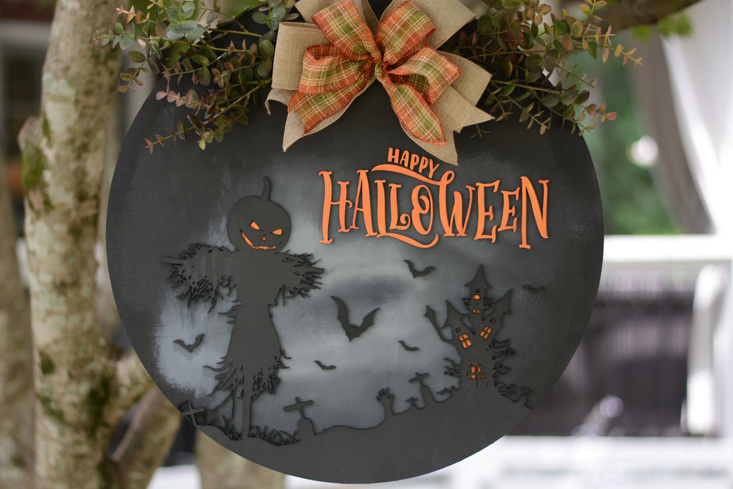 Halloween Door Hanger Wreath | Black | Orange | Scarecrow