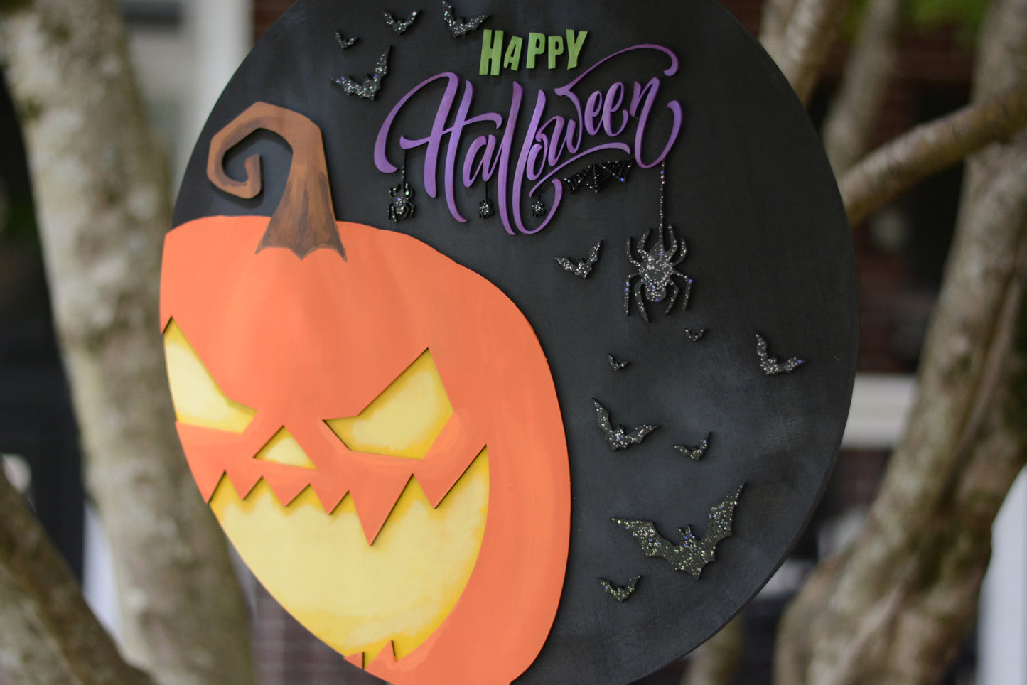 Halloween Door Hanger Wreath | Black | Purple| Jack o Lantern Pumpkin