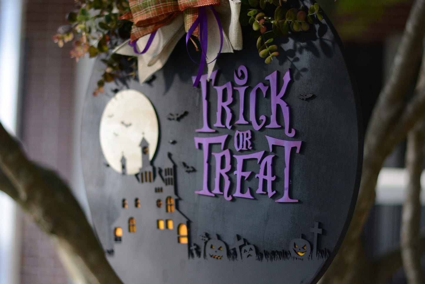 Halloween Door Hanger Wreath | Black | Purple| Haunted House