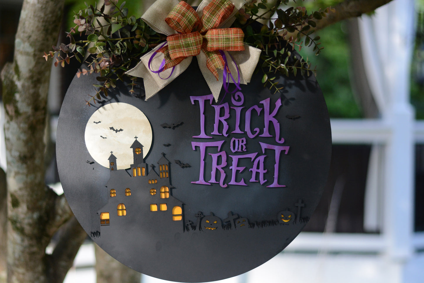 Halloween Door Hanger Wreath | Black | Purple| Haunted House