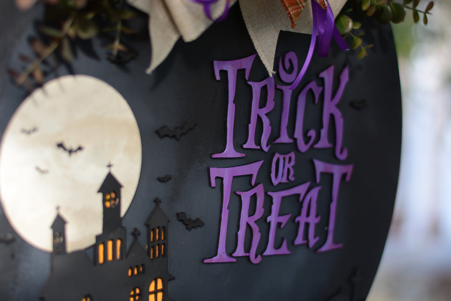 Halloween Door Hanger Wreath | Black | Purple| Haunted House