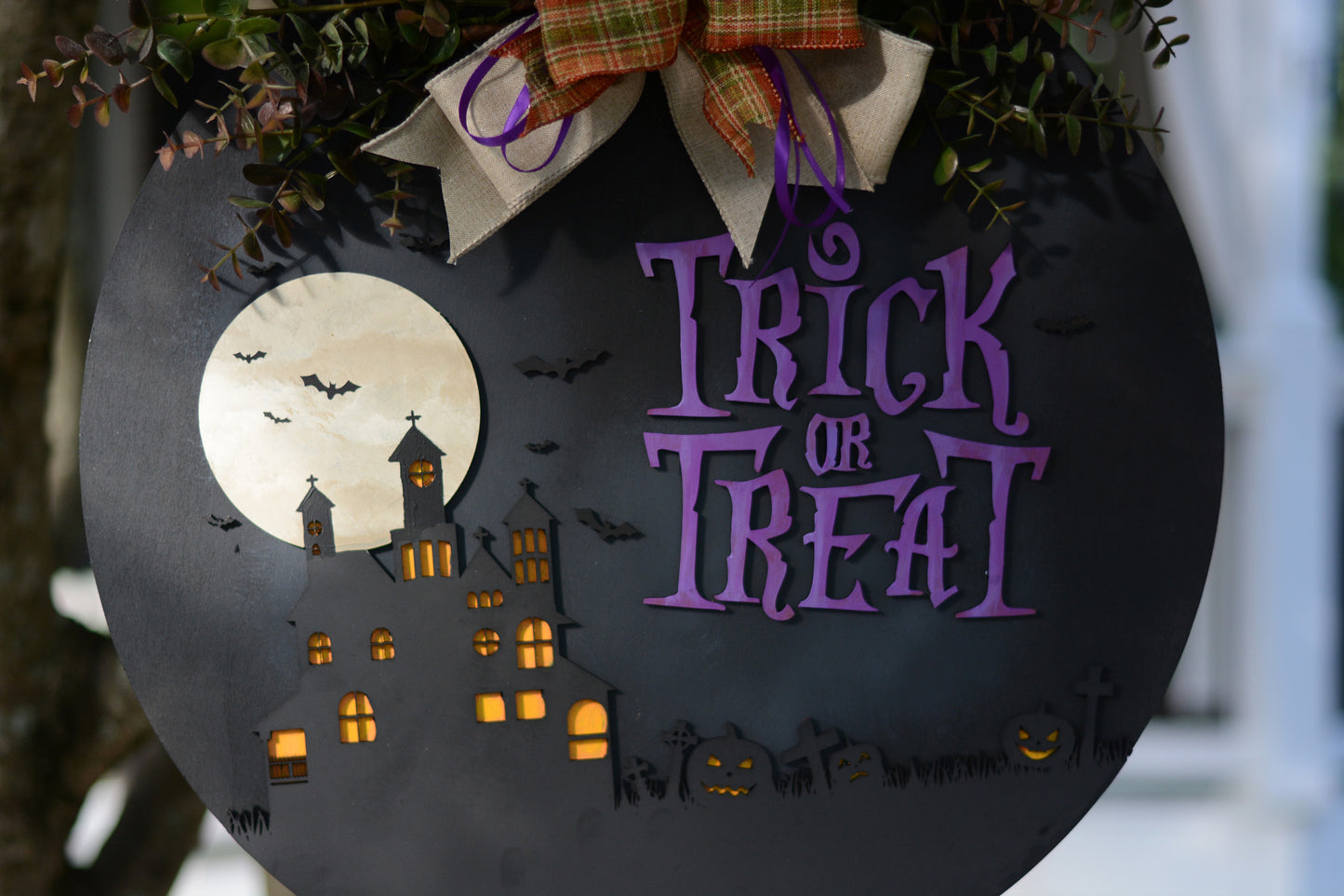 Halloween Door Hanger Wreath | Black | Purple| Haunted House