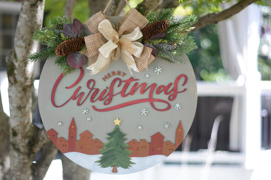 christmas village tree round door hanger