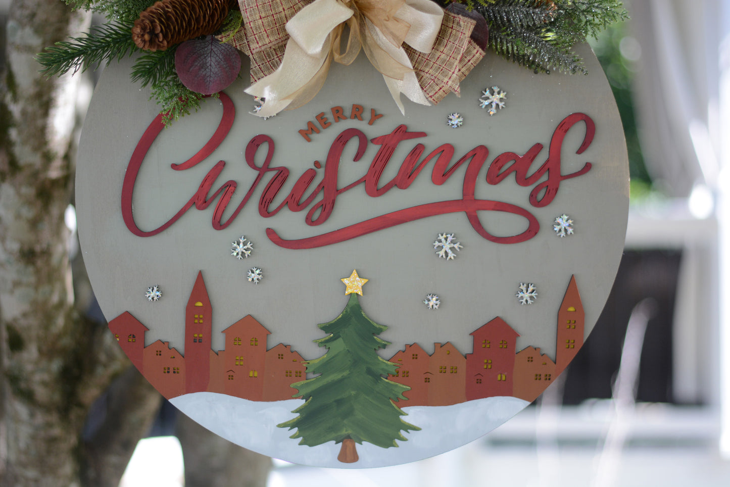 Christmas Door Hanger with Christmas Tree and Village