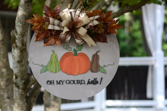 Oh My Gourd, Hello! Large Round Door Hanger Sign Wreath