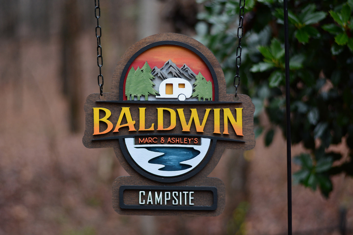 RV Campsite Sign, Personalized Camper Flag, Painted Wood Last Name Camp Sign, Sunset, Stream