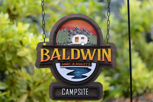 RV Campsite Sign, Personalized Camper Flag, Painted Wood Last Name Camp Sign, Sunset, Stream