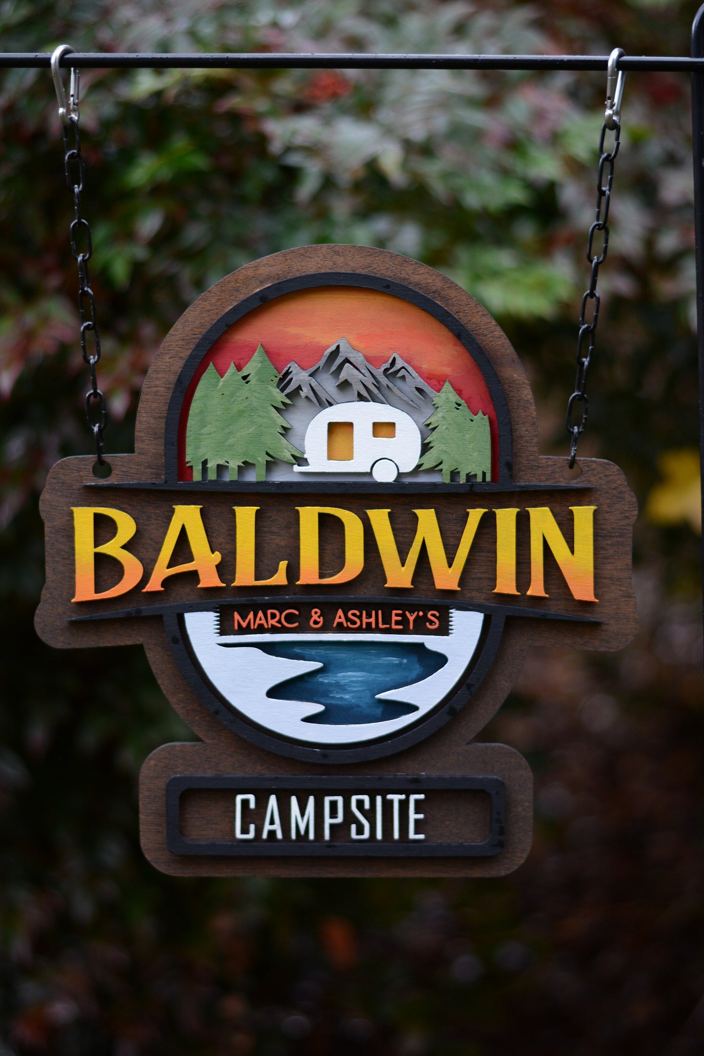 RV Campsite Sign, Personalized Camper Flag, Painted Wood Last Name Camp Sign, Sunset, Stream