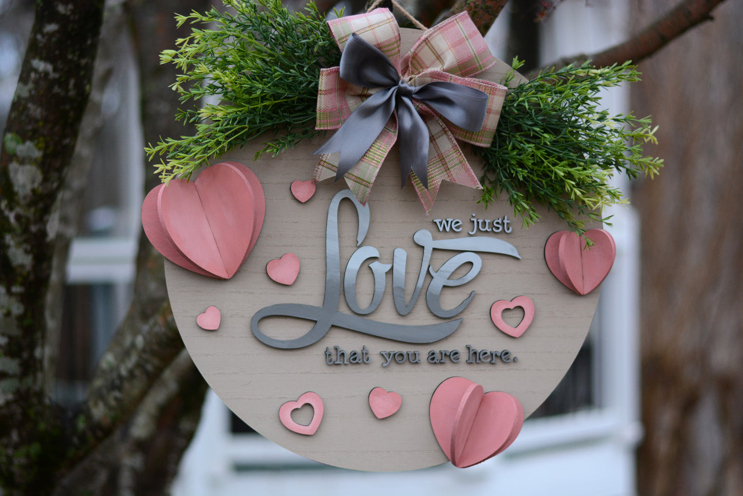 Valentine's Day, "Paper Hearts", Love, Year Round, 18 Inch Large Door Hanger, Wreath, Pink, Gray, Green