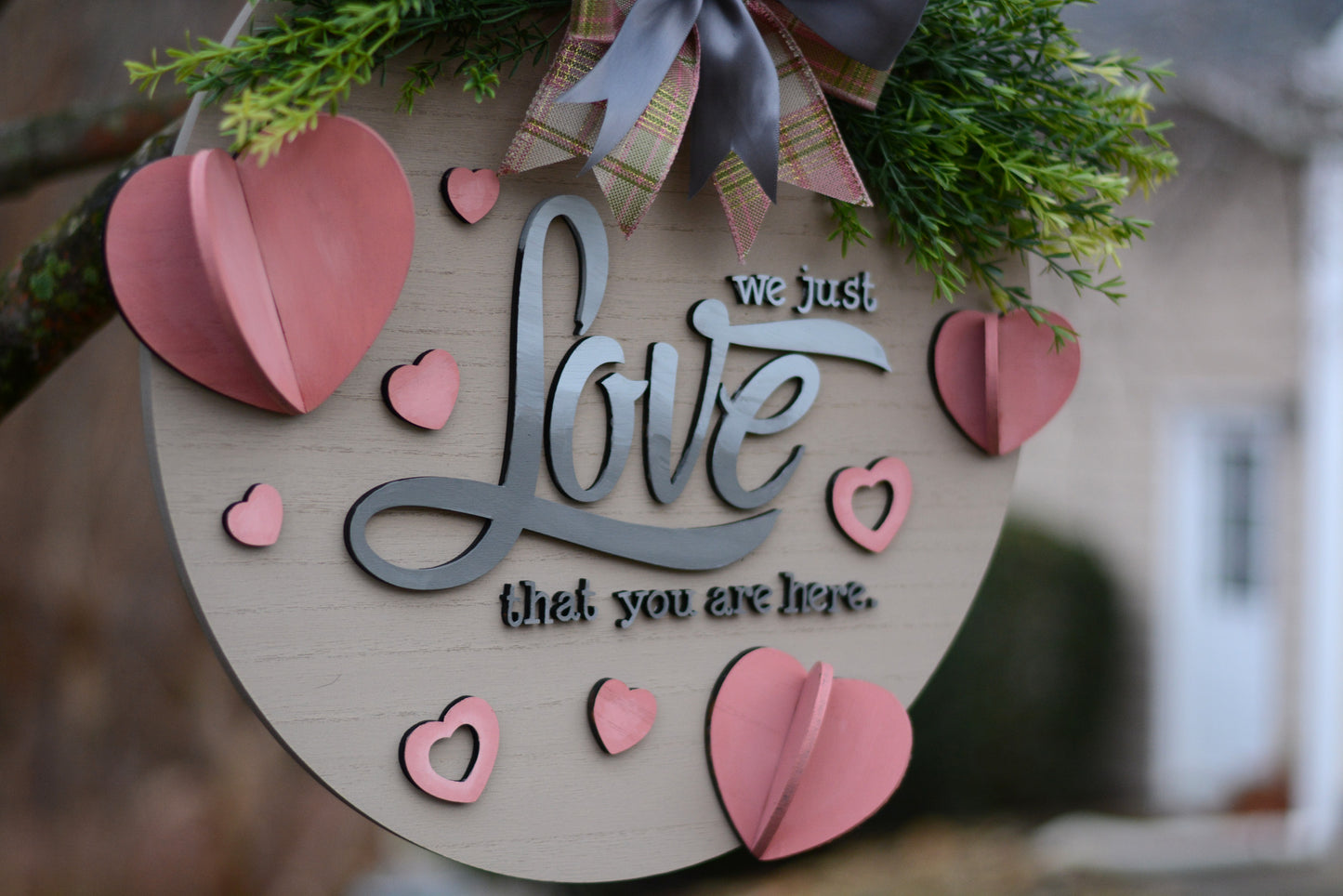 Valentine's Day, "Paper Hearts", Love, Year Round, 18 Inch Large Door Hanger, Wreath, Pink, Gray, Green