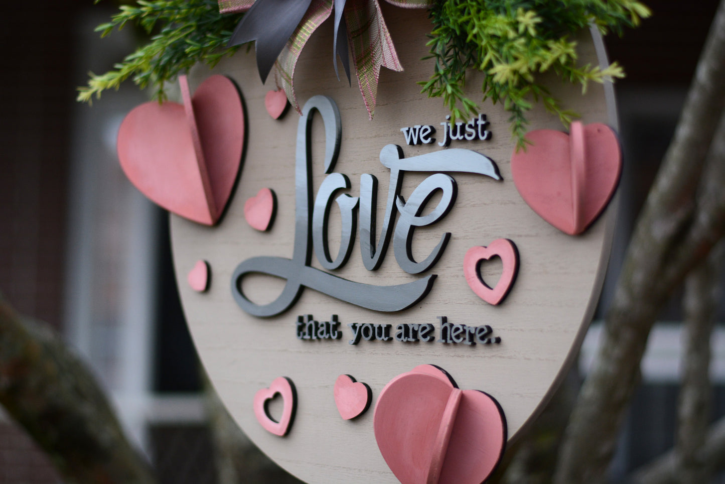 Valentine's Day, "Paper Hearts", Love, Year Round, 18 Inch Large Door Hanger, Wreath, Pink, Gray, Green