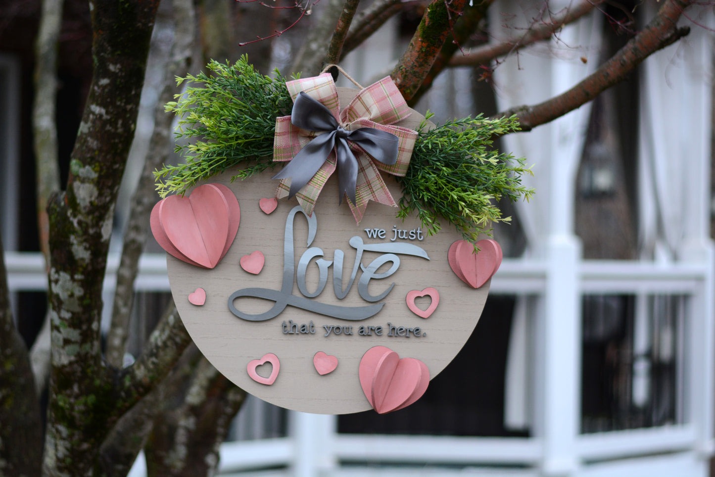 Valentine's Day, "Paper Hearts", Love, Year Round, 18 Inch Large Door Hanger, Wreath, Pink, Gray, Green