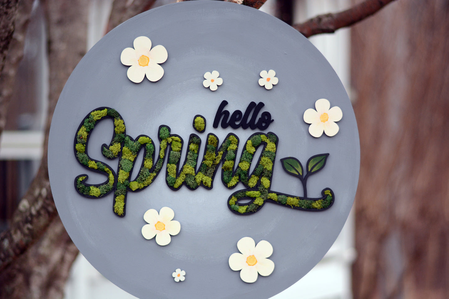 Hello Spring, Moss Filled Round Wood Door Hanger, Gray, Green, White, Flowers