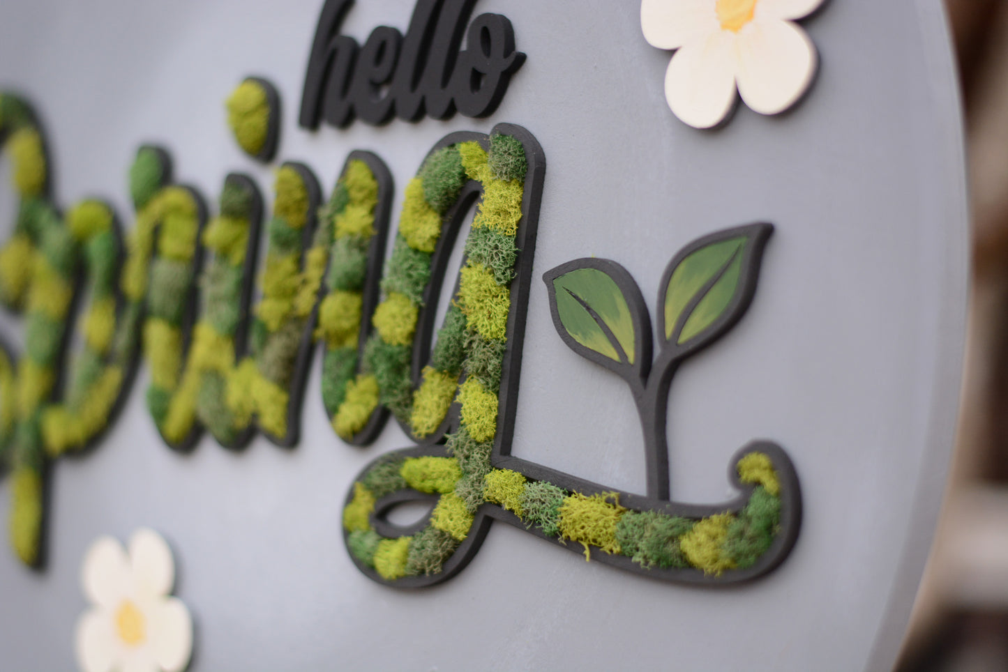 Hello Spring, Moss Filled Round Wood Door Hanger, Gray, Green, White, Flowers