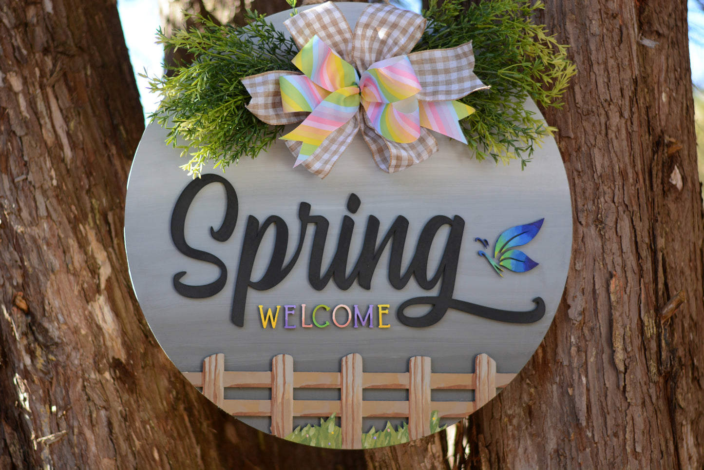 Welcome Spring Round Wood Front Door, Porch, Patio, Door Hanger Wreath, with Butterfly, Gray, Pink, Green, Purple, Blue