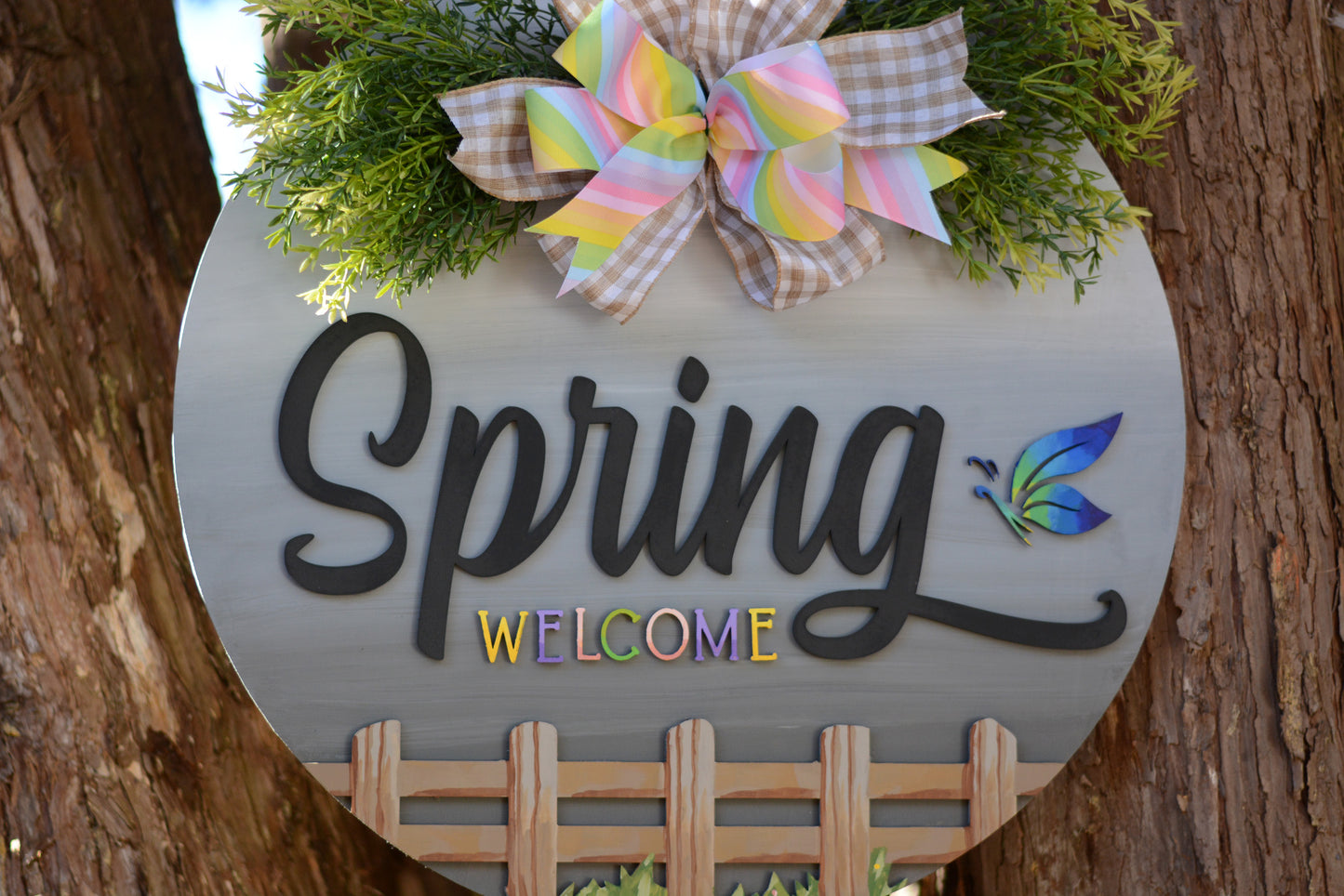 Welcome Spring Round Wood Front Door, Porch, Patio, Door Hanger Wreath, with Butterfly, Gray, Pink, Green, Purple, Blue