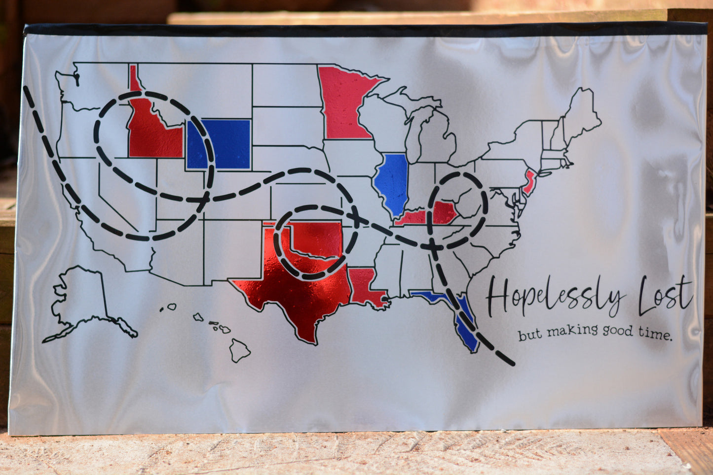 Extra Large RV Travel Adventure USA States Map Tracker, Hopelessly Lost But Making Good Time