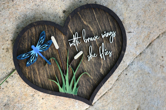 Bereavement Gift | With Brave Wings She Flies | Sympathy Gift | Condolence Decor | Dragonfly Heart Plaque | Hand Painted