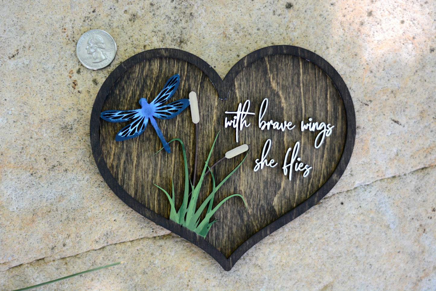 Bereavement Gift | With Brave Wings She Flies | Sympathy Gift | Condolence Decor | Dragonfly Heart Plaque | Hand Painted